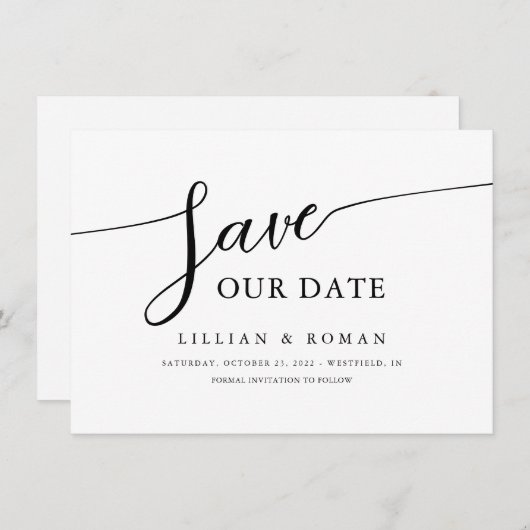 Save The Date Calligraphie de script romantique Mariage noir et (Devant / Derrière)