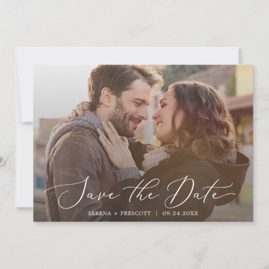 Save The Date Calligraphie délicate Découpage photo horizontale  (Devant)