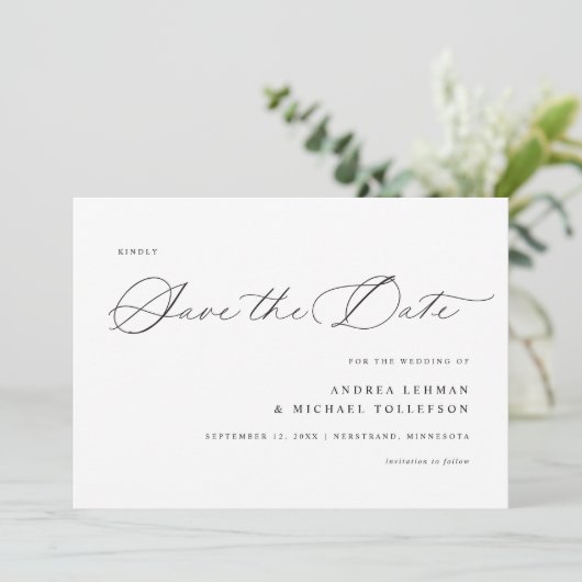 Save The Date Calligraphie délicate Moderne Mariage simple (Debout devant)