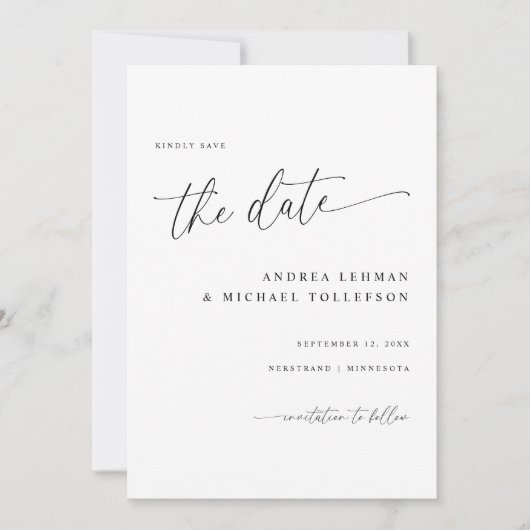 Save The Date Calligraphie délicate Moderne Mariage simple (Devant)