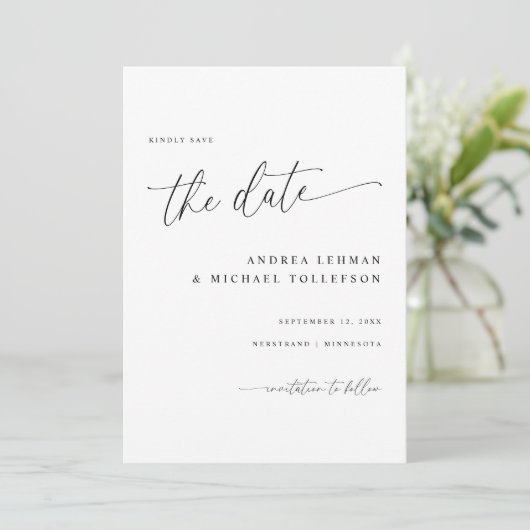 Save The Date Calligraphie délicate Moderne Mariage simple (Debout devant)