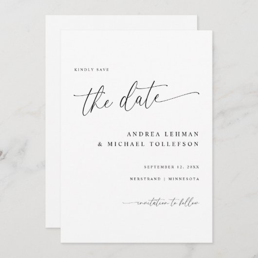 Save The Date Calligraphie délicate Moderne Mariage simple (Devant / Derrière)