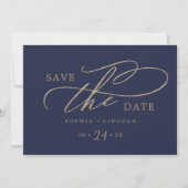 Save The Date Calligraphie d'or romantique Marine QR Code horizo (Devant)