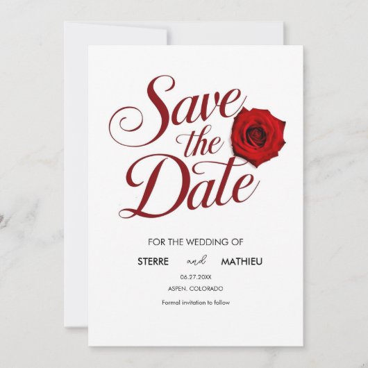 Save The Date Calligraphie Editable Red Rose Mariage (Devant)