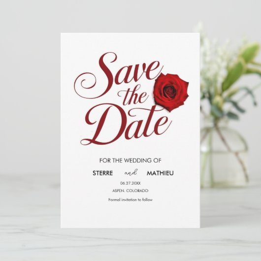 Save The Date Calligraphie Editable Red Rose Mariage (Debout devant)