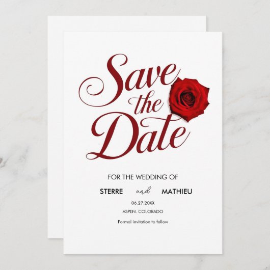 Save The Date Calligraphie Editable Red Rose Mariage (Devant / Derrière)