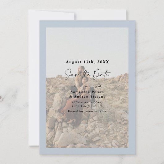 Save The Date Calligraphie élégante bleu 2 photos enregistrer la (Dos)