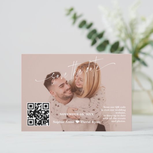 Save The Date Calligraphie en terre cuite Code QR Mariage photo (Debout devant)