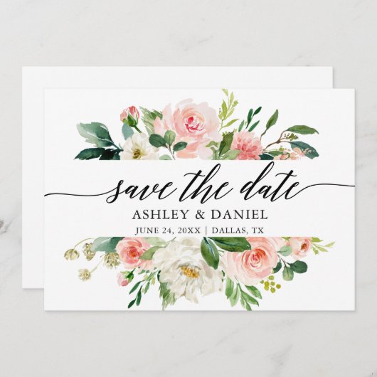 Save The Date Calligraphie Florale Blanche Rose Enregistrer La C (Devant / Derrière)