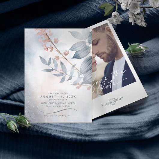 Save The Date Calligraphie Florale Bleu Poussiéreux ID771