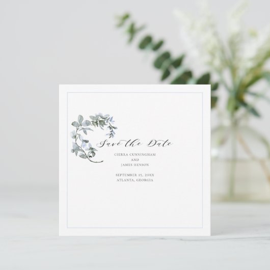 Save The Date Calligraphie florale bleue Mariage Enregistrer la (Debout devant)