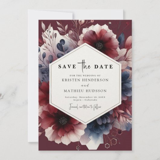 Save The Date Calligraphie florale Bourgogne Mariage (Devant)
