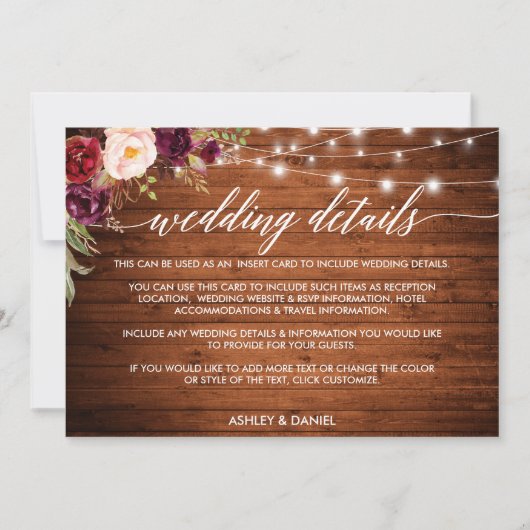 Save The Date Calligraphie Lights Floral Mariage Details Card (Devant)