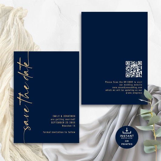 Save The Date Calligraphie minimaliste Code QR Marine Mariage or