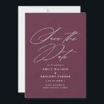 Save The Date Calligraphie minimaliste moderne Mariage Bourgogne<br><div class="desc">Annoncez la bonne nouvelle en style avec cet élégant enregistrer la carte de date avec élégante calligraphie. Le revers de la page offre plus de place pour les détails supplémentaires que vous souhaiteriez fournir à vos invités.</div>
