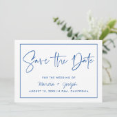 Save The Date Calligraphie moderne Bleu Non-Photo (Debout devant)