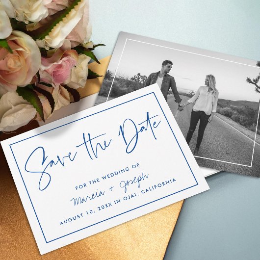 Save The Date Calligraphie moderne Bleu Non-Photo