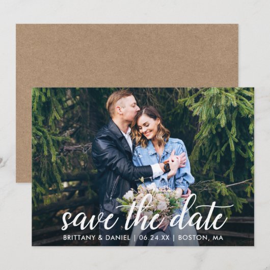 Save The Date Calligraphie moderne Couple Photo Mariage Kraft (Devant / Derrière)