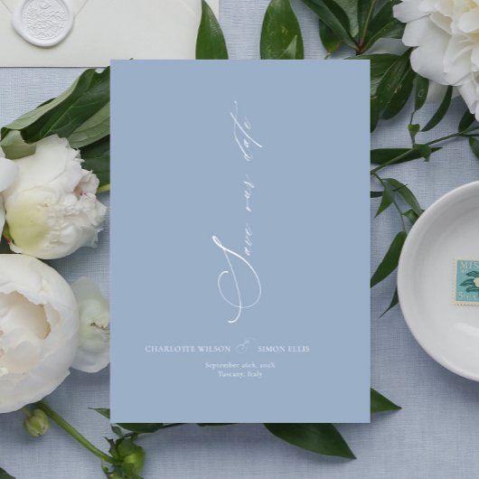 Save The Date Calligraphie moderne Dainty Mariage bleu Dusty