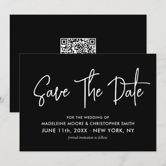 Save The Date Calligraphie moderne de code QR noir blanc (Devant / Derrière)