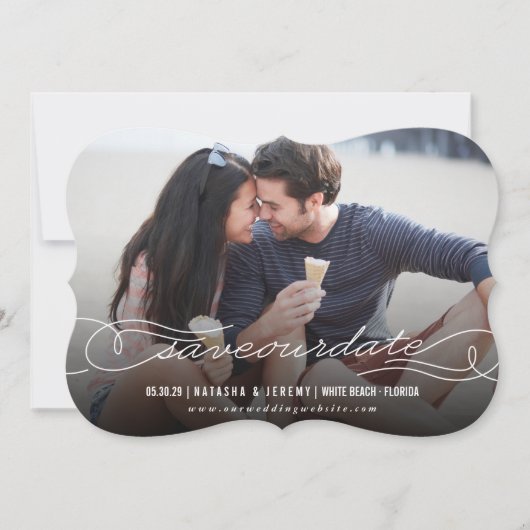 Save The Date Calligraphie moderne Flourdir Photo en script blan (Devant)