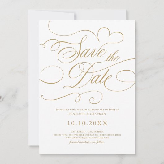 Save The Date Calligraphie moderne or intemporel et mariage blan (Devant)
