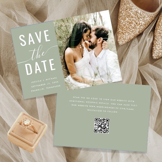 Save The Date Calligraphie moderne Sage Green Photo QR Code