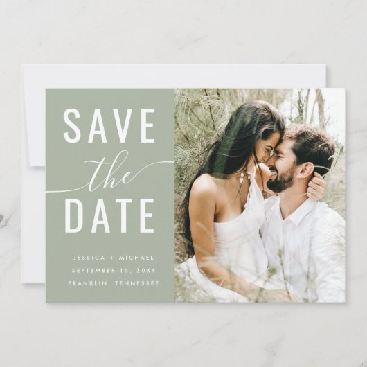 Save The Date Calligraphie moderne Sage Green Photo QR Code (Devant)