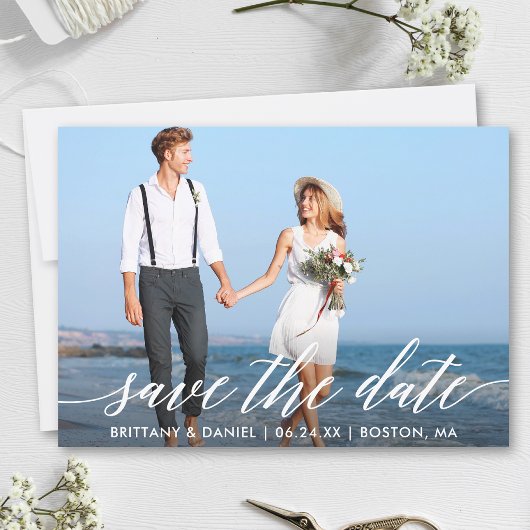 Save The Date Calligraphie moderne Script Couple Photo