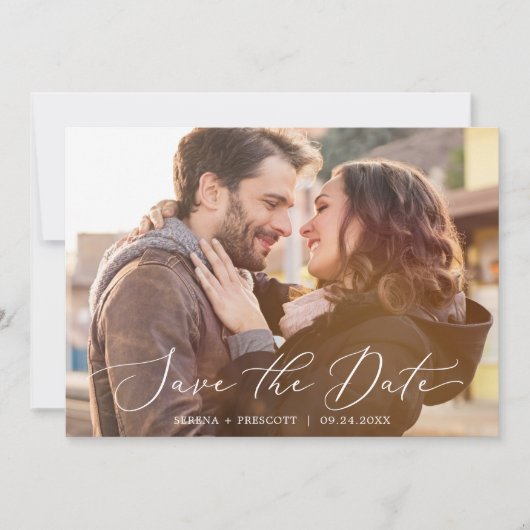 Save The Date Calligraphie noire délicate photo horizontale fonc (Devant)