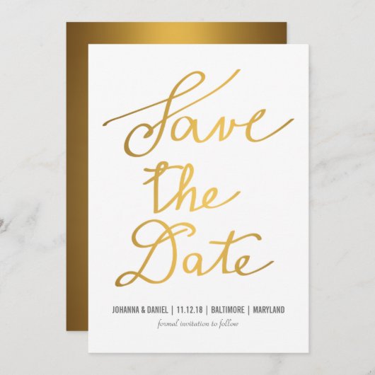 Save The Date Calligraphie Or Moderne Mariage Enregistrer La Dat (Devant / Derrière)