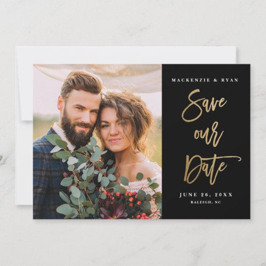 Save The Date Calligraphie Or moderne Mariage photo noir (Devant)