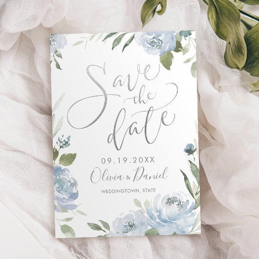 Save The Date Calligraphie romantique bleu poussiéreux sauver la