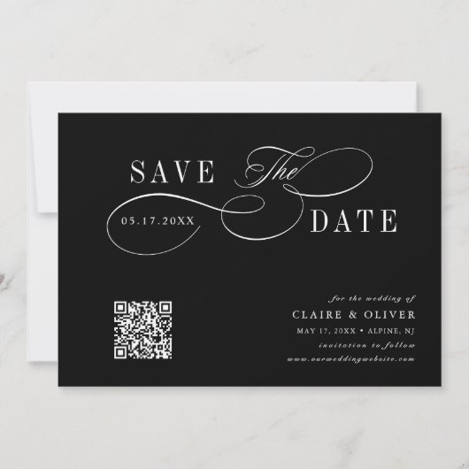Save The Date Calligraphie romantique QR Code noir Horizontal (Devant)