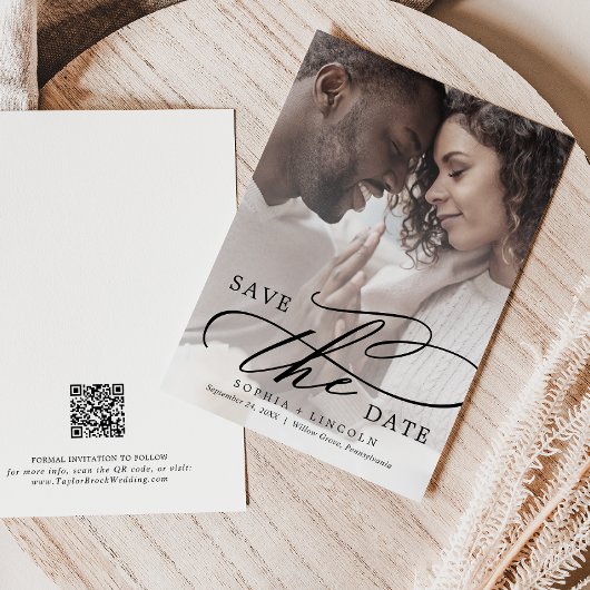 Save The Date Calligraphie Romantique QR Code Photo Overlay Enre