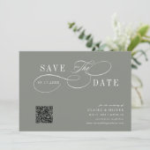 Save The Date Calligraphie romantique QR Code Sage Vert Horizont (Debout devant)