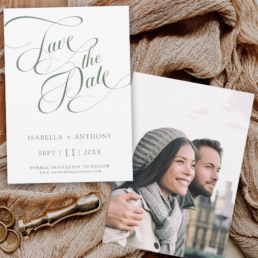 Save The Date Calligraphie romantique Sage Mariage vert Photo