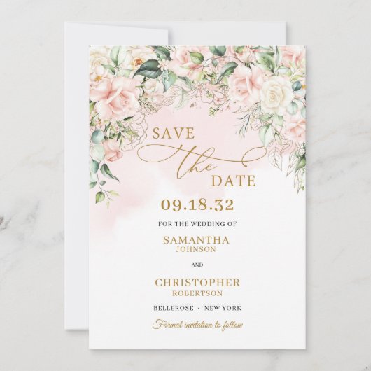 Save The Date Calligraphie roses rose rose pâle eucalyptus or (Devant)