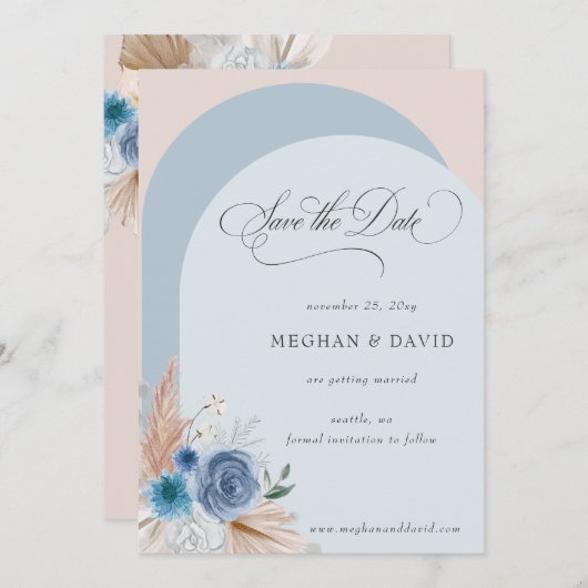 Save The Date Calligraphie Rustique Boho Dusty Blue Pampas (Devant / Derrière)