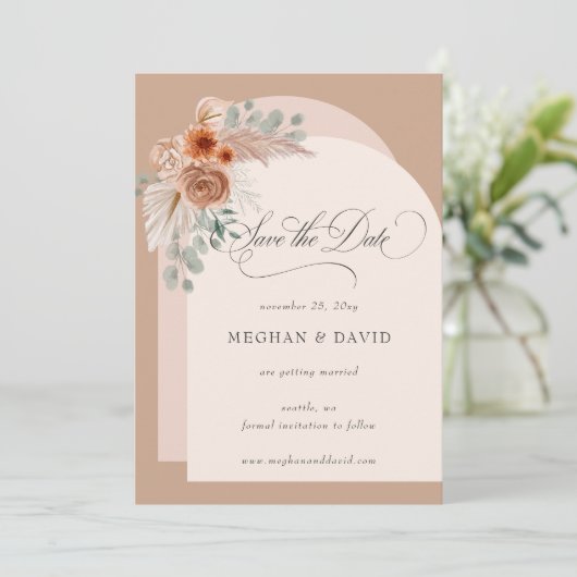 Save The Date Calligraphie Rustique Boho Terracotta Pampas (Debout devant)