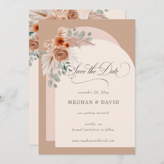 Save The Date Calligraphie Rustique Boho Terracotta Pampas (Devant / Derrière)