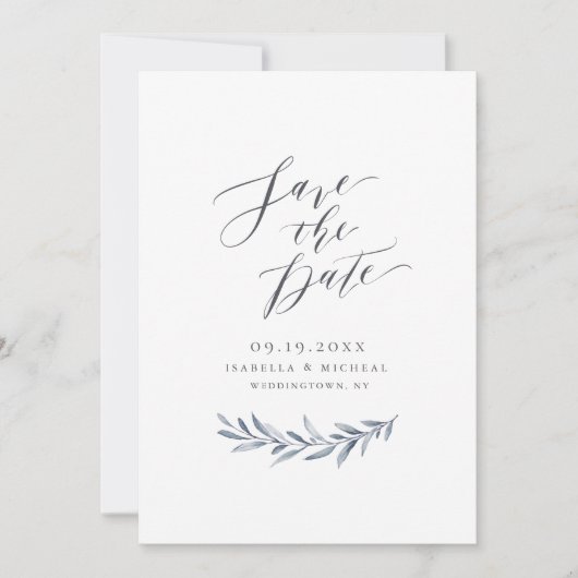 Save The Date Calligraphie simple mariage verdure bleu poussiére (Devant)