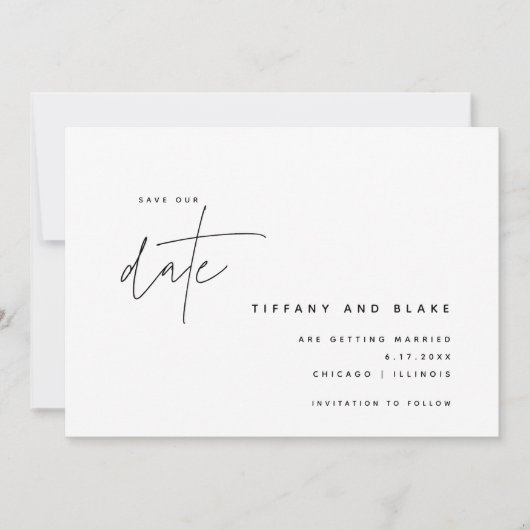 Save The Date Calligraphie simple Noir Blanc Moderne Chic (Devant)