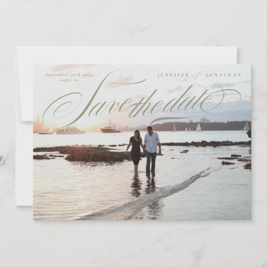 Save The Date Calligraphie verte Classic QR Code Deux Photo (Devant)