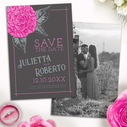 Save The Date Camélia encrée mariage rose gris brun