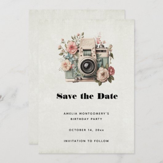 Save The Date Camera with Flowers Retro Pastel Image (Devant / Derrière)