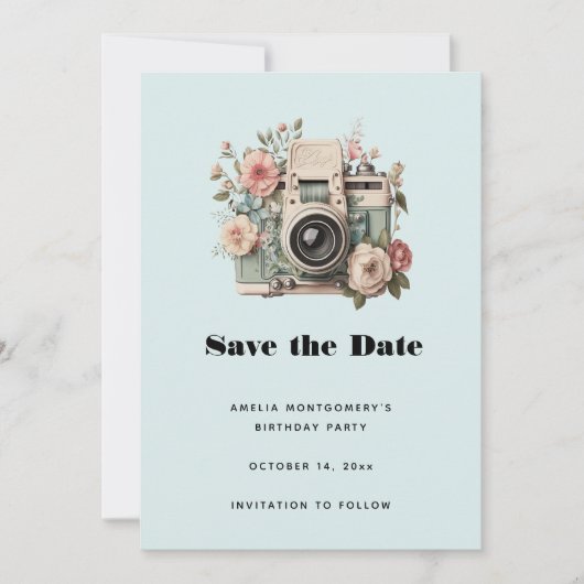 Save The Date Camera with Flowers Retro Pastel Image (Devant)