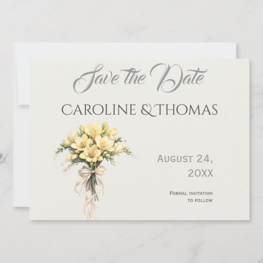 Save The Date Canary Yellow Romantic Freesia Floral Wedding (Devant)