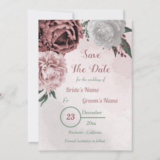 Save The Date cannelle rose blanc fleuri vert (Devant)