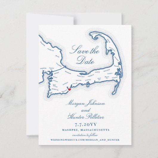 Save The Date Cape Cod Map Élégante Destination Mariage (Devant)